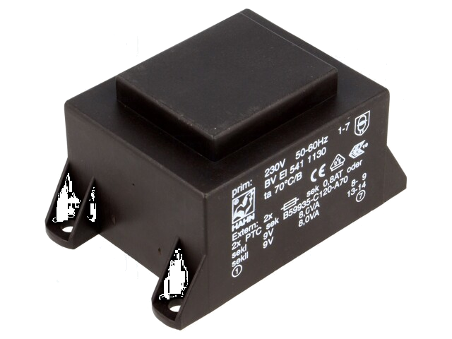 Transformator: ingegoten; 16VA; 230VAC; 9V; 9V; 889mA; 889mA; PCB Transformator: ingegoten; 16VA; 230VAC; 9V; 9V; 889mA; 889mA; PCB